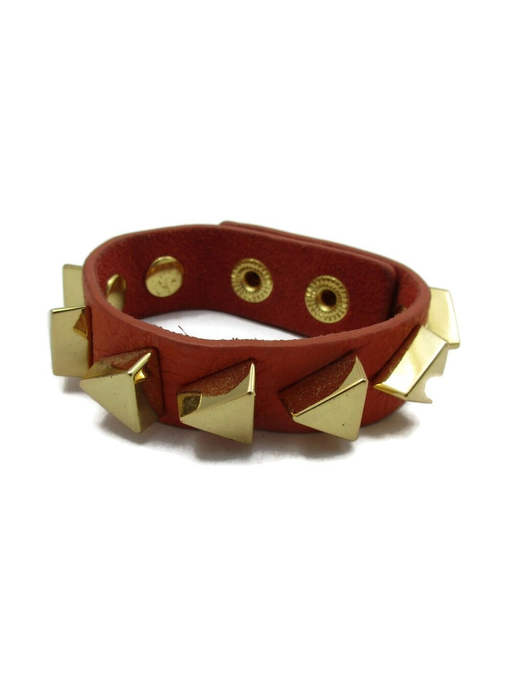 MASSI Rust Orange Leather and Gold Rhodium Triangle Studded Bracelet